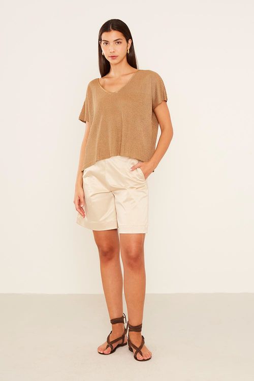 Blusa Tricot Tela Decote v - Bege Nativa