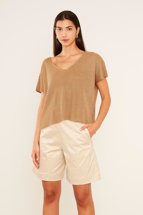 Blusa Tricot Tela Decote v - Bege Nativa