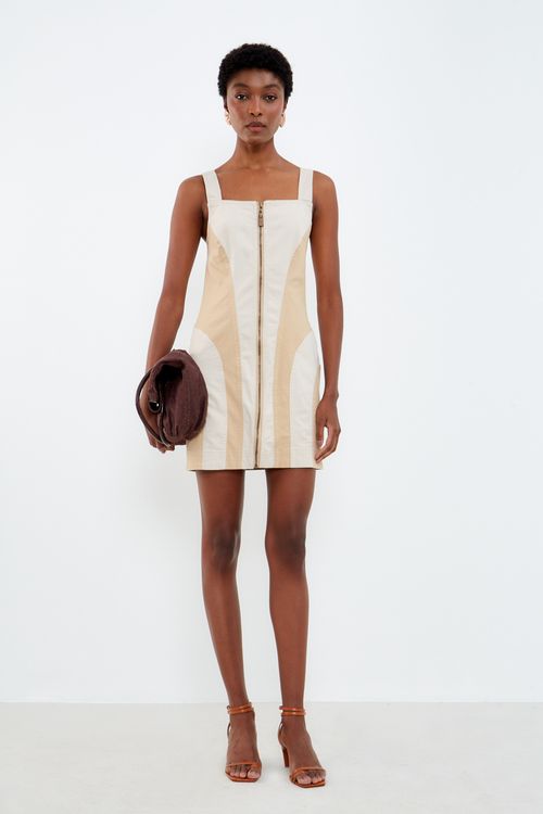 Vestido Sarja Bicolor - Bege