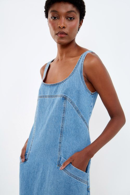 Vestido Jeans Bolso Botão - Jeans