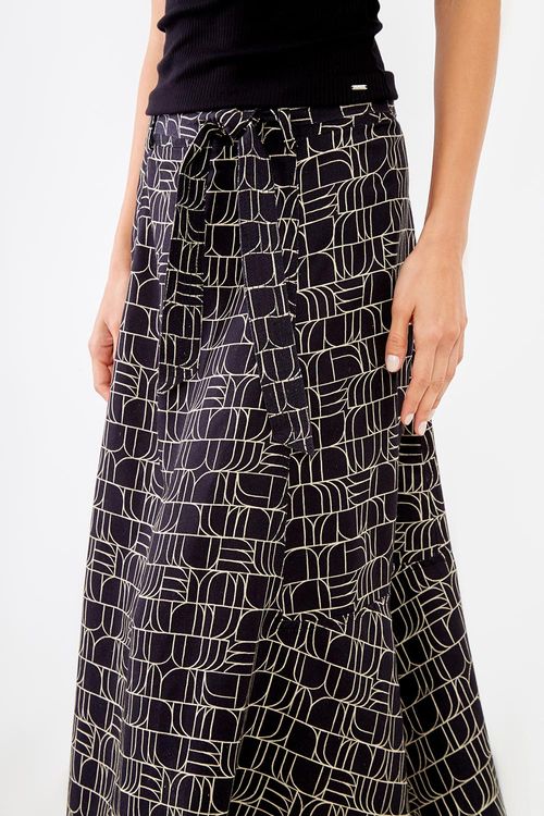 Saia Midi Estampa Sena Black - Est Sena Black