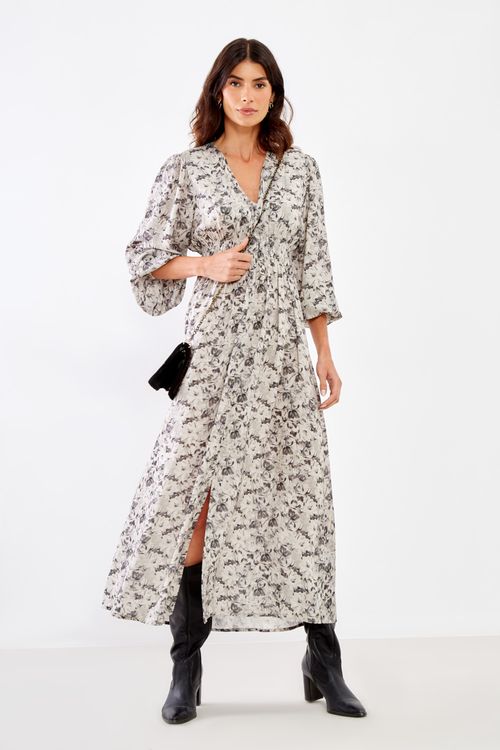 Vestido Longo Estampa Lótus Cinza - Est Lotus Cinza
