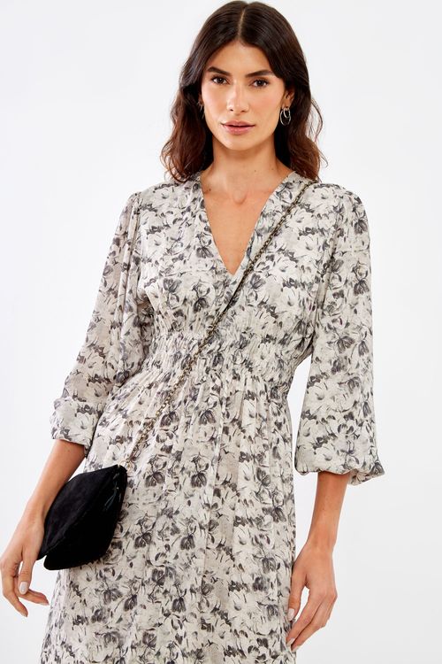 Vestido Longo Estampa Lótus Cinza - Est Lotus Cinza