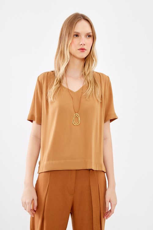 Blusa Casual Decote v - Bege Sand