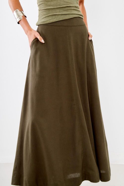 Saia Midi Casual Linho - Verde Military