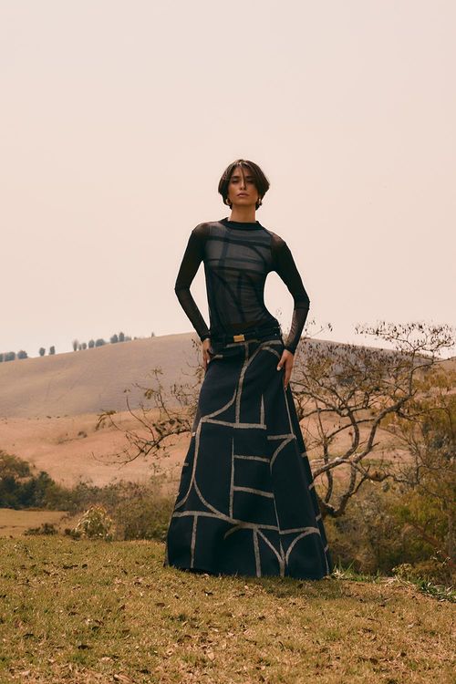 Saia Sarja Estampa Sena Maxi - Est Sena Maxi Black