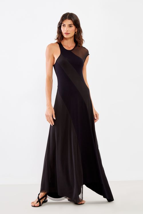 Vestido Malha Mix Tule - Preto