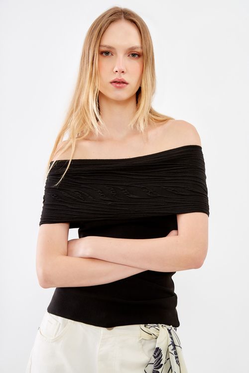 Blusa Tricot Rayon Jacquard - Preto