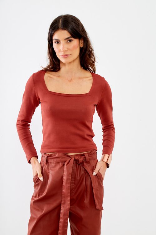 Blusa Tricot Decote Quadrado - Mogno