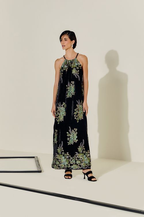 Vestido Longo Bordado Herbal - Preto