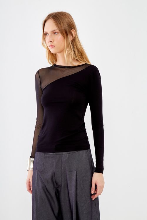 Blusa Malha Mix Recorte Tule - Preto