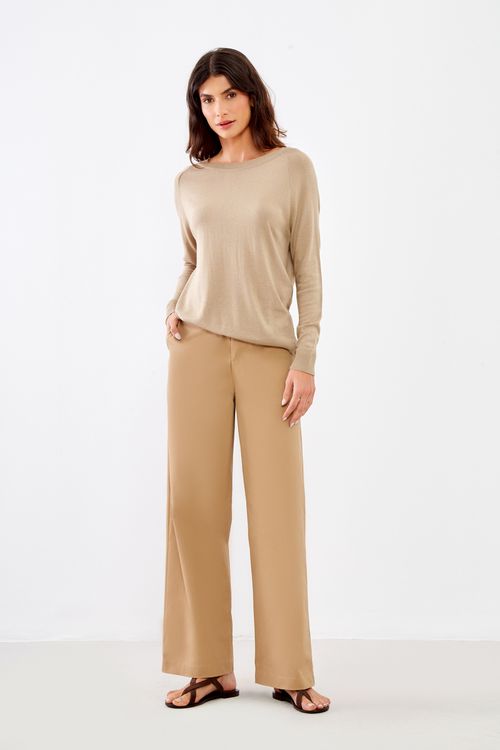Blusa Tricot Manga Longa Básica - Bege Tex