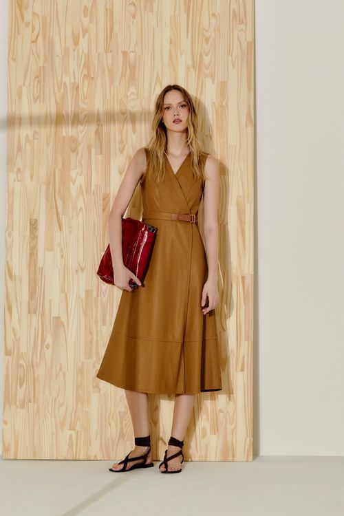 Vestido Transpassado Couro Pu - Marrom Folhar