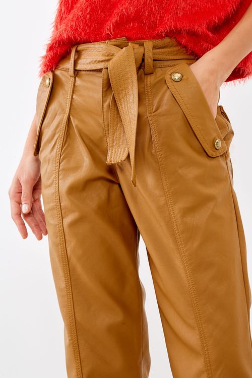 Calça Botões Couro Pu - Marrom Folhar