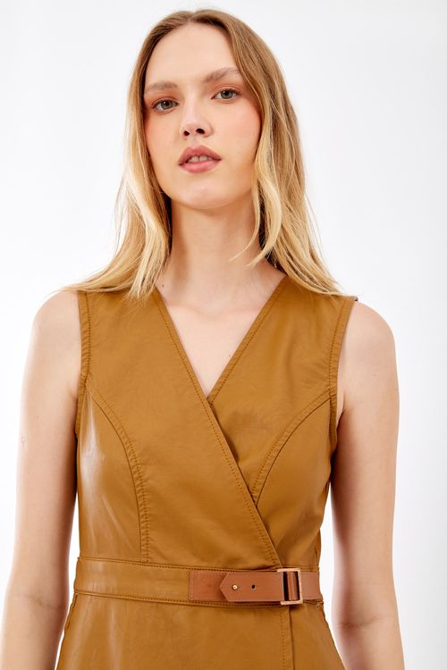 Vestido Transpassado Couro Pu - Marrom Folhar