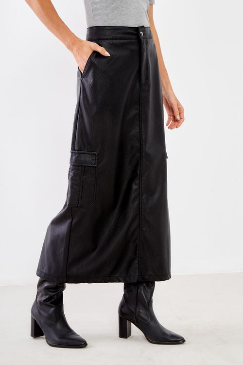 Saia Alfaiataria Couro Pu - Preto