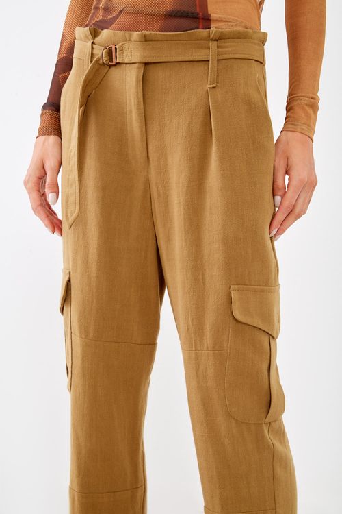 Calça Linho Cargo Pregas - Verde Moss