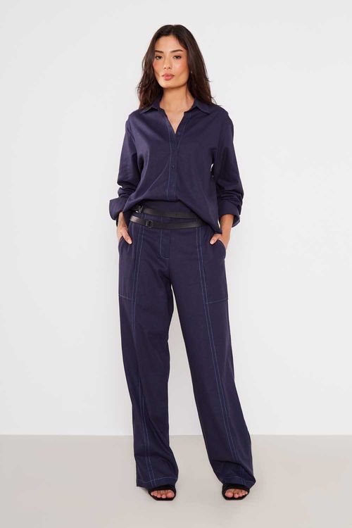Calça Casual Com Pala - Azul Marinho