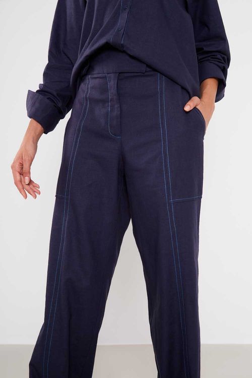 Calça Casual Com Pala - Azul Marinho