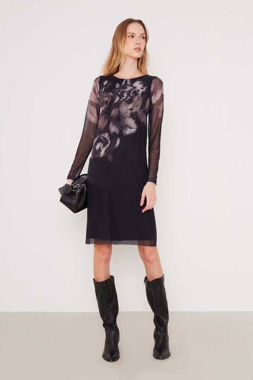 Vestido Tule Silk Flor - Preto