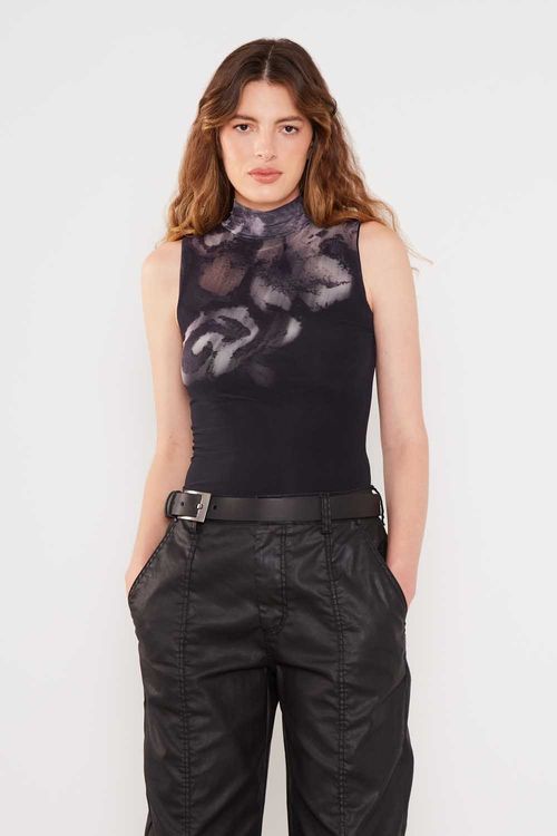 Blusa Tule Silk Flor - Preto