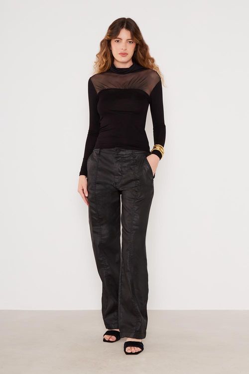 Blusa Malha Mix Tule Gola - Preto