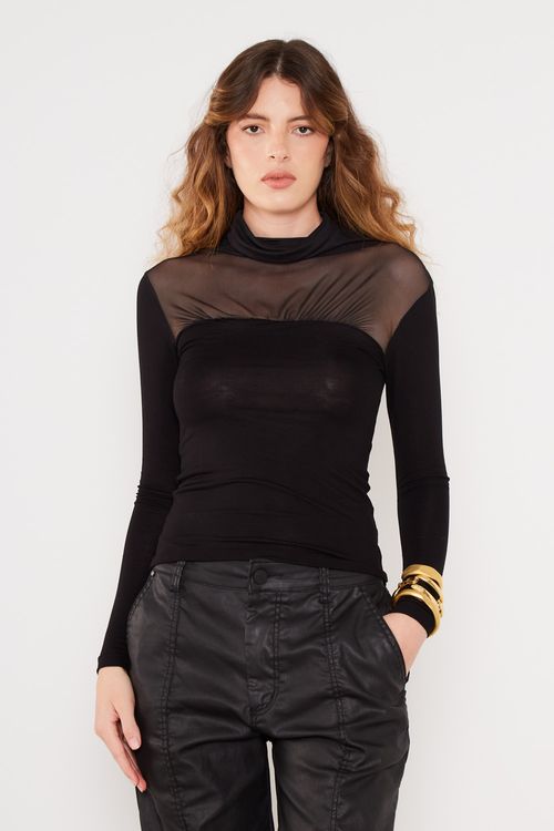 Blusa Malha Mix Tule Gola - Preto