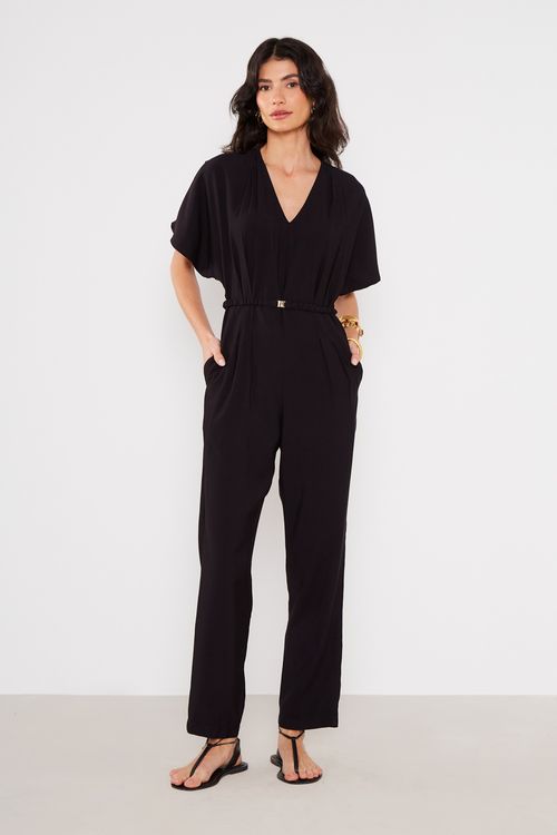 Macacão Casual Franzido - Preto