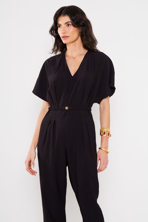 Macacão Casual Franzido - Preto