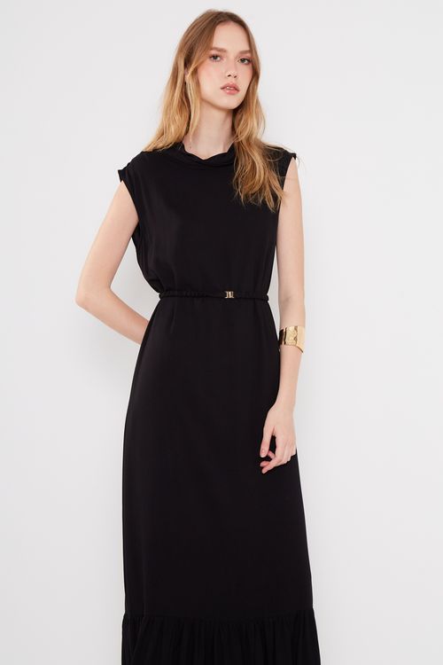 Vestido Casual Detalhe Gola - Preto