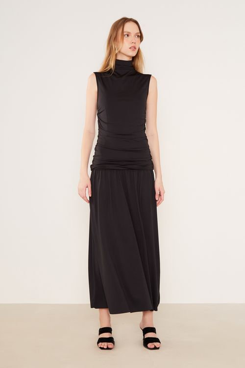 Vestido Malha Longo Gola - Preto