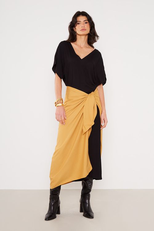 Vestido Longo Casual Bicolor - Preto
