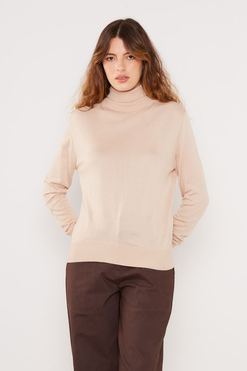 Blusa Tricot Manga Longa Gola - Bege