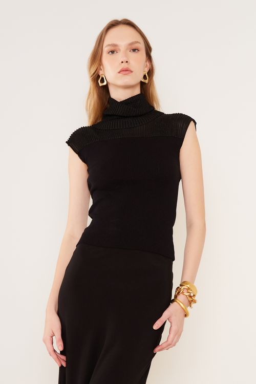 Blusa Tricot Gola Lurex - Preto