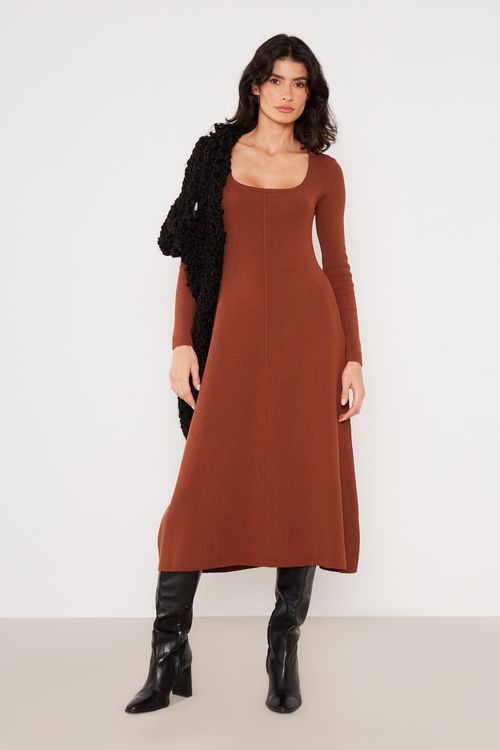 Vestido Tricot Manga Longa - Marrom Capuccino