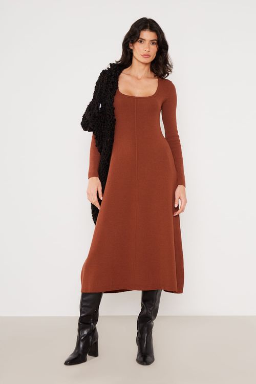 Vestido Tricot Manga Longa - Marrom Capuccino