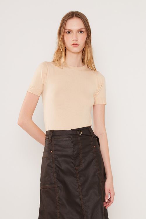 Blusa Tricot Manga Canelada - Bege