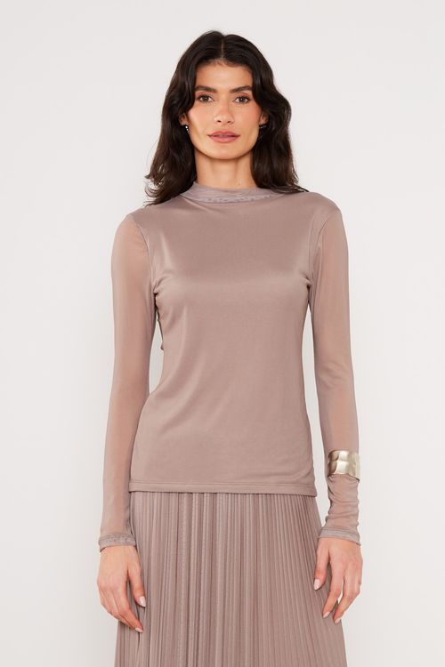 Blusa Malha Tule Manga - Bege Quatzo
