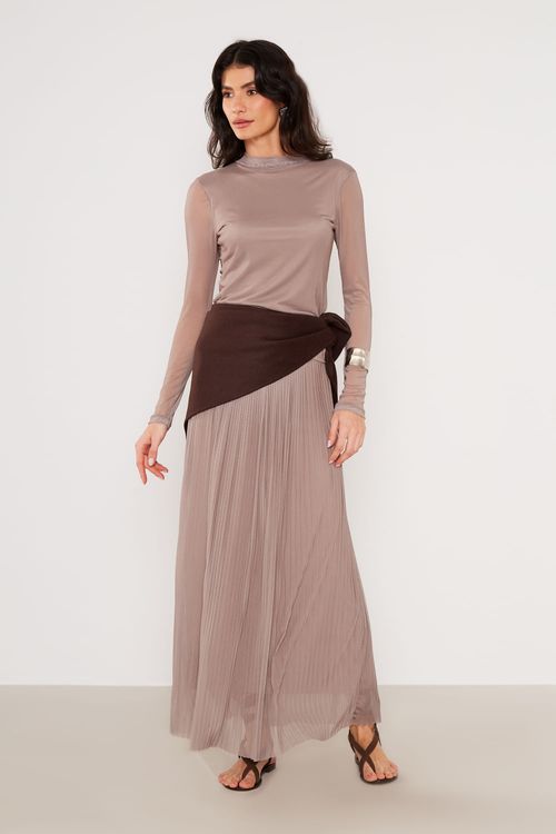 Saia Tule Plissada - Bege Quatzo