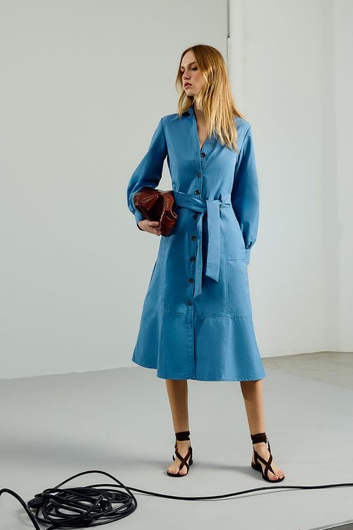 Vestido Casual Manga Longa - Azul Cold