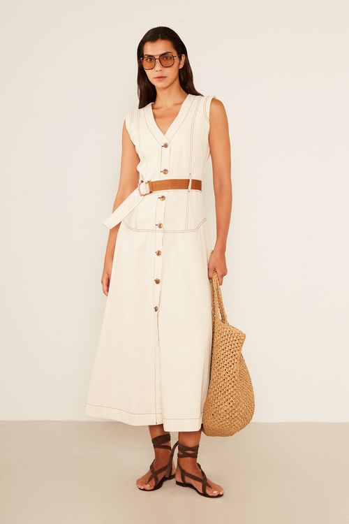 Vestido Sarja Botões - Bege Areia