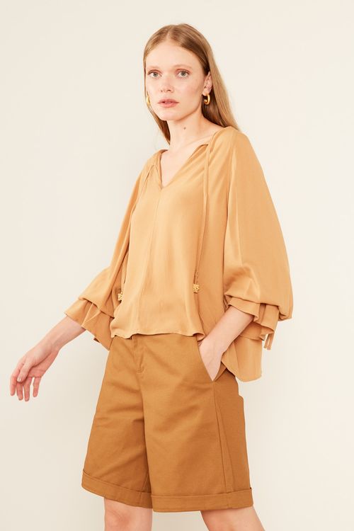 Blusa Casual Decote Franzido - Bege Nozes
