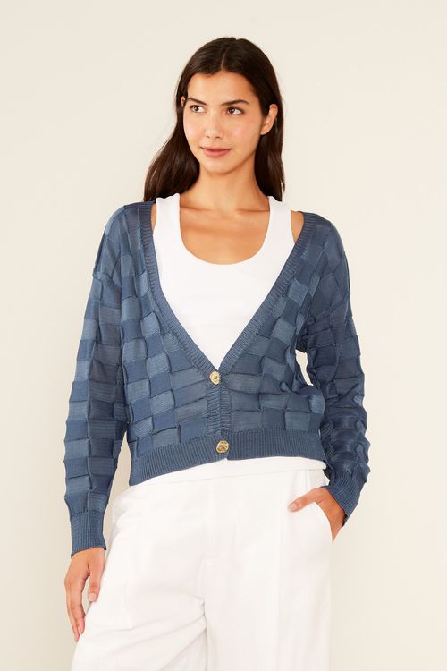 Cardigan Tricot Quadradinhos - Azul Oceano