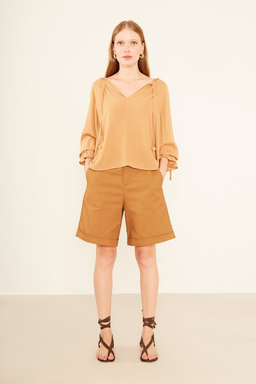 Blusa Casual Decote Franzido - Bege Nozes