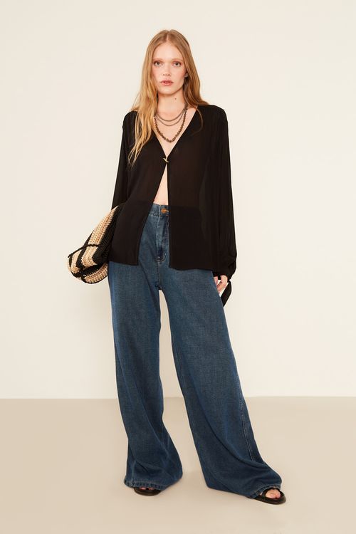 Calça Jeans Wideleg Recorte - Jeans