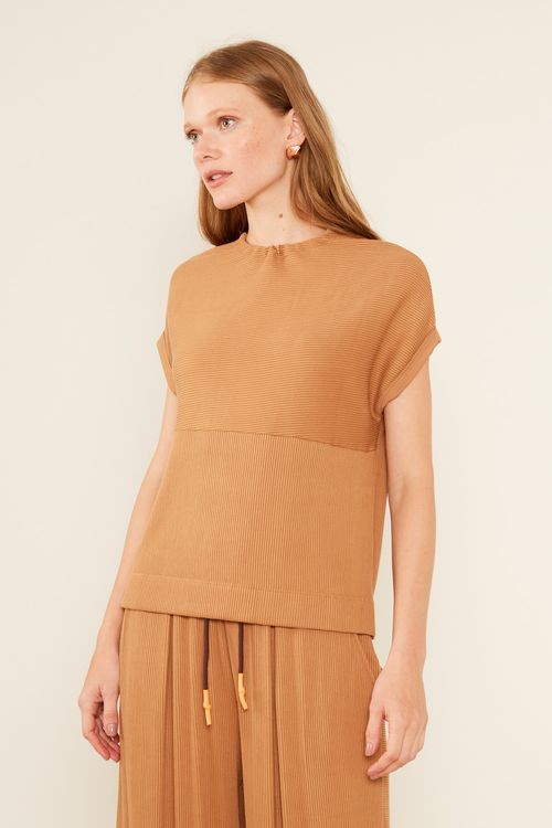 Blusa Malha Rib Visco - Bege Amendoa