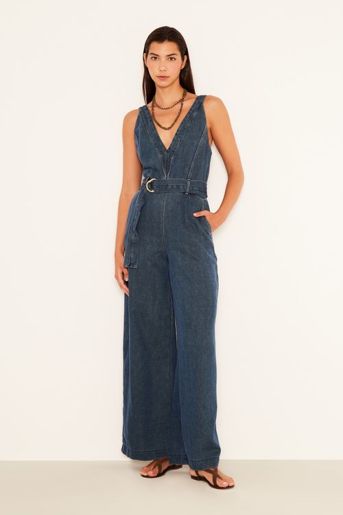 Macacão Jeans Cinto Faixa - Jeans