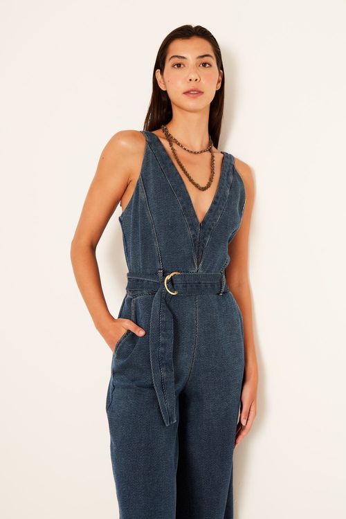 Macacão Jeans Cinto Faixa - Jeans