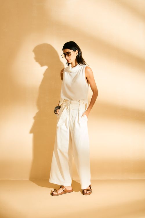 Calça Sarja Pregas Cinto - Off White