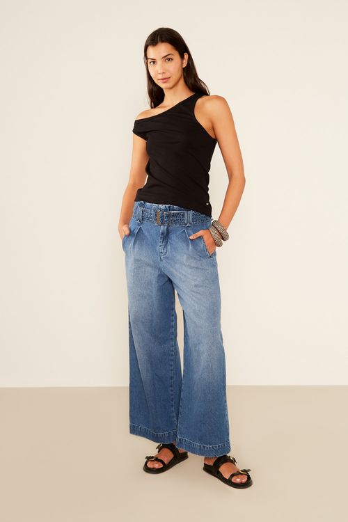 Calça Jeans Wide Leg Bolso Faca - Jeans